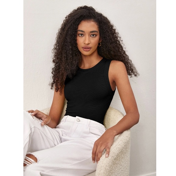 Black Tank Top Racerback Round Neck Slim Fit Stretchy Basic - Picture 2 of 9